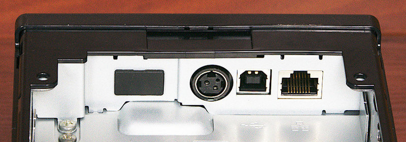 Many connection sockets of Epson TM-m30 printer: USB, Ethernet, Bluetooth