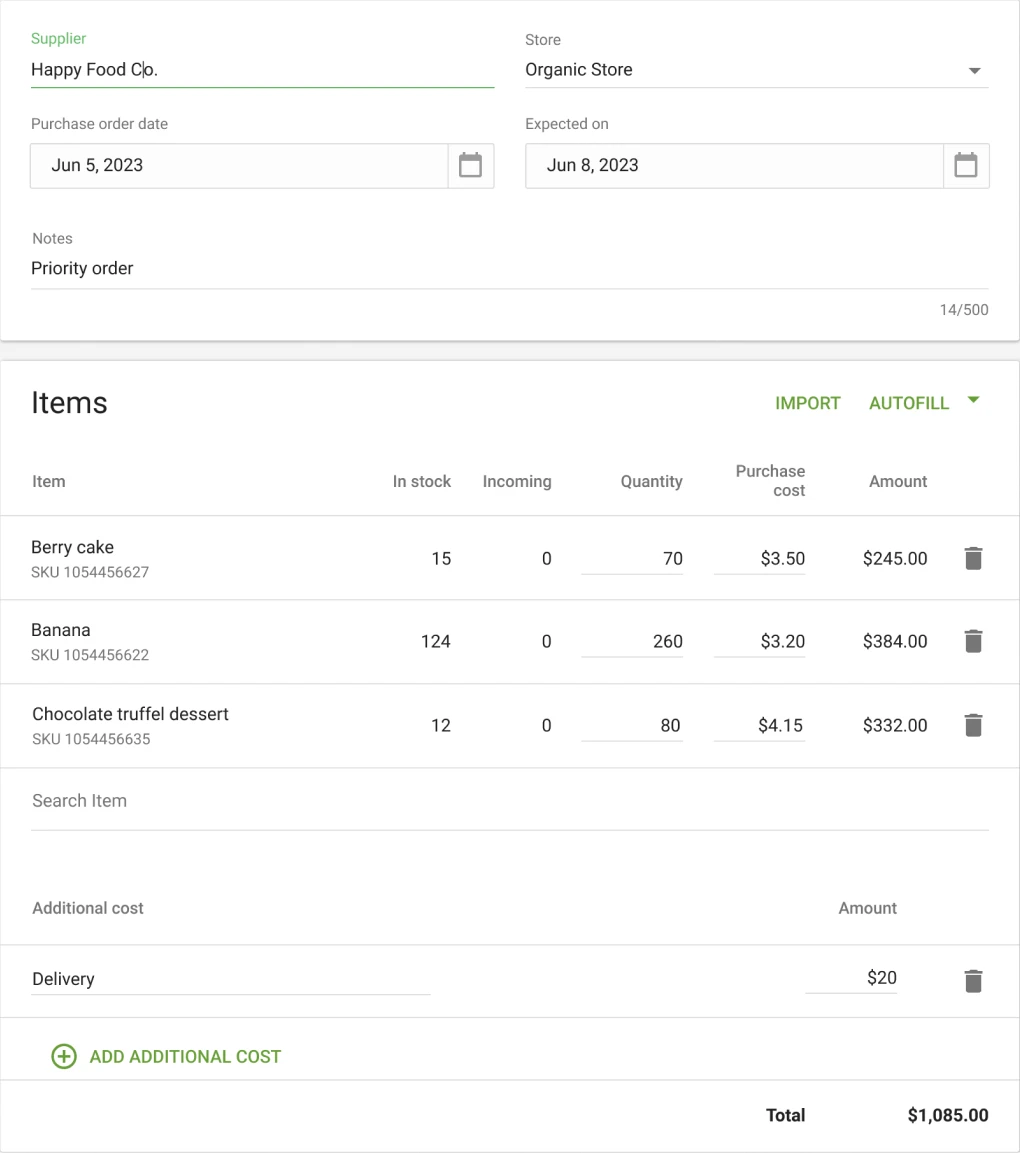 Loyverse Purchase order management