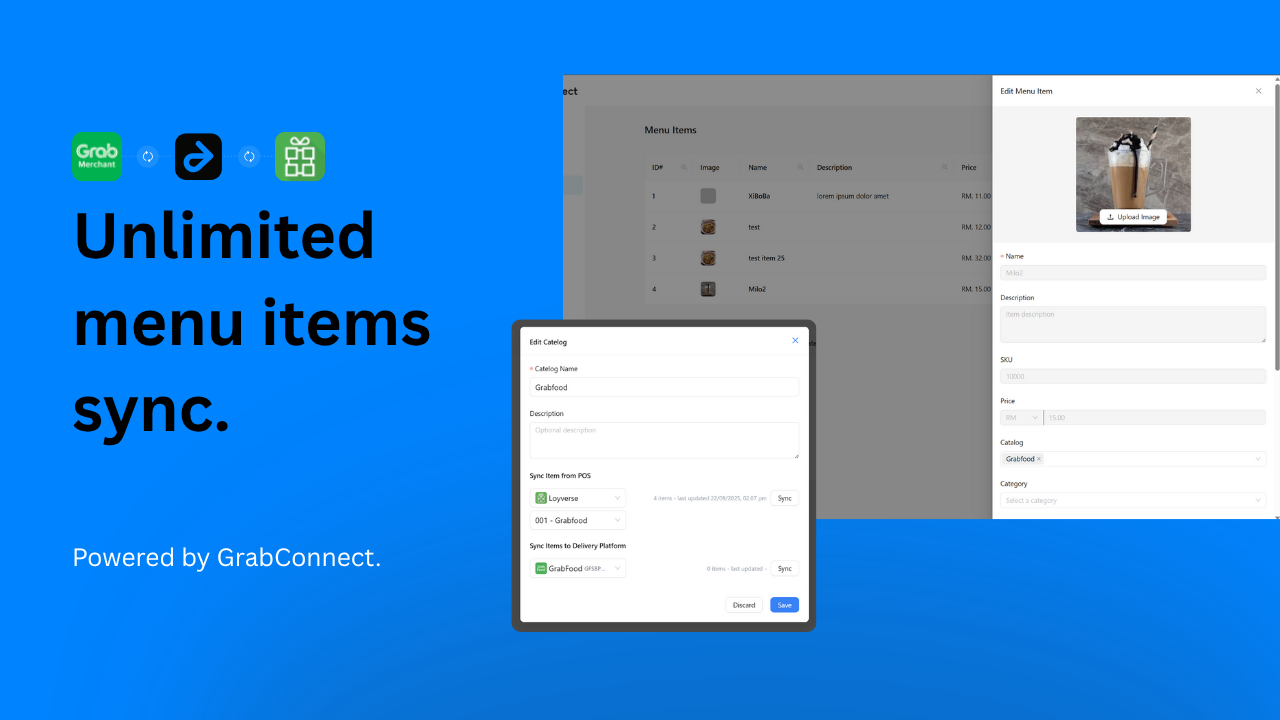 GrabConnect Menu items sync
