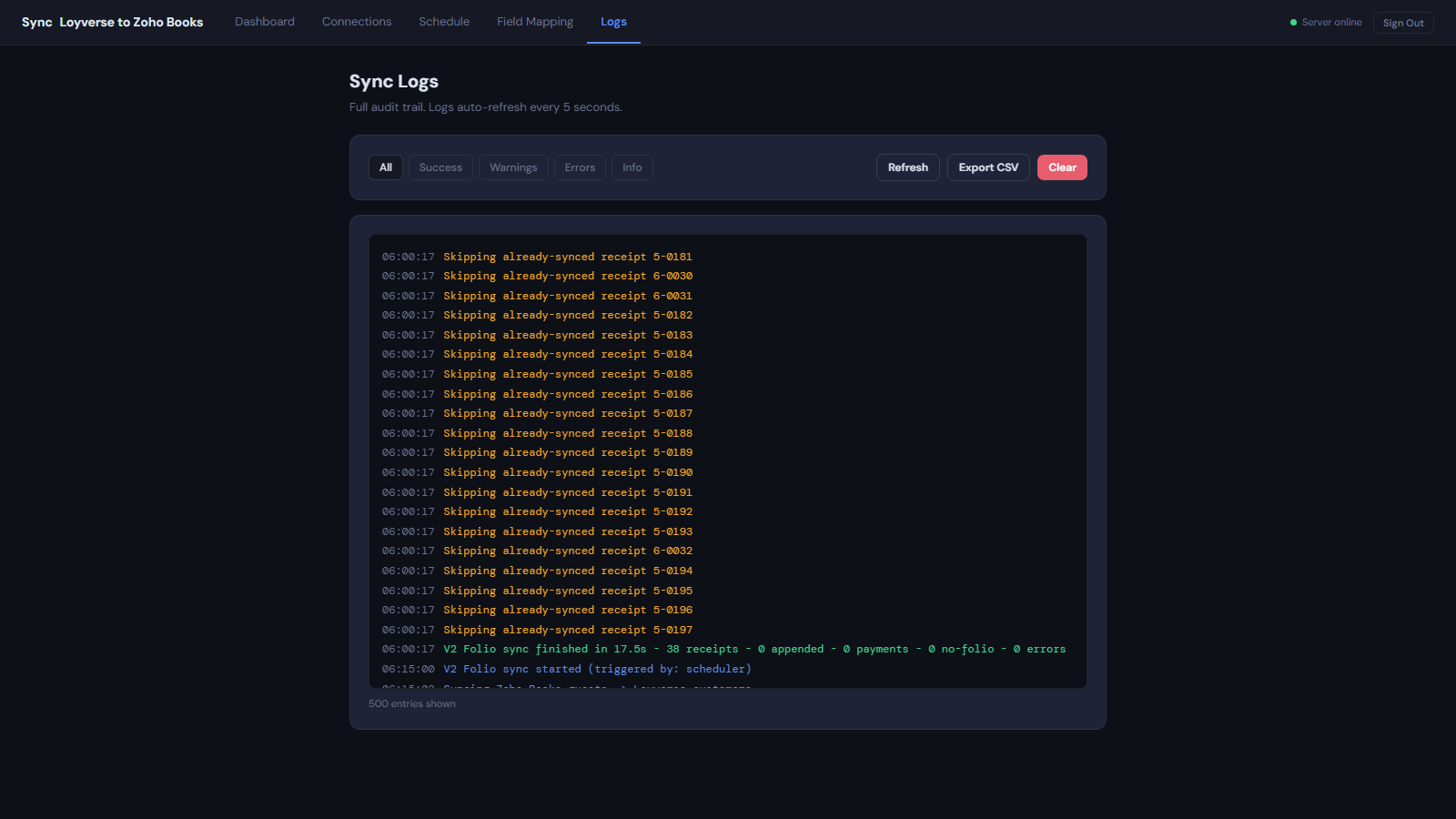LoyBooks logs after sync