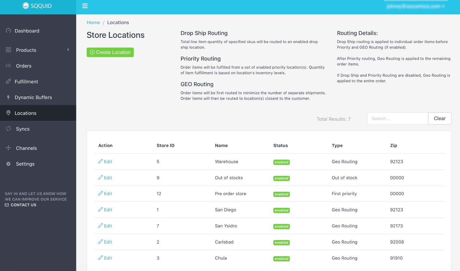 Sqquid locations order routing